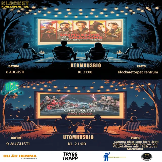 🎬 UTOMHUSBIO I SOMMARNATTEN! 🍿

Kom och njut av magiska filmkvällar under stjärnorna! Gratis utomhusbio med två storfilmer på stor duk, direkt i ditt område. Ta med filt, stol och gott humör!

📍 8 AUGUSTI – Klockaretorpet, Kunskapens hus
🎥 DUNGEONS & DRAGONS: Honor Among Thieves
🕘 Start kl. 21:00

📍 9 AUGUSTI – Marielund, Bråbogatan
🎥 GHOSTBUSTERS: Frozen Empire
🕘 Start kl. 21:00
📌 Samma plats som förra året! Mellan hyresbostäderna och Victoriahem mitt i hjärtat av Marielund.

🍿 Fri entré
🌟 Film under bar himmel
🪑 Ta gärna med egen stol eller filt