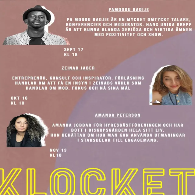 Inspirerande föreläsningar i höst på Kunskapens Hus!
17 september kl. 18
@pamodoupanetoz Omtyckt talare, konferencier och moderator som blandar viktiga ämnen med positivitet och show.
16 oktober kl. 18
@zeinabjabeer Entreprenör, konsult och inspiratör. Föreläsning om mod, fokus och att nå sina mål.
13 november kl. 18
(Amanda Peterson )Jobbar för Hyresgästföreningen och berättar hur man kan vända utmaningar i stadsdelar till engagemang.
📍 Plats: Kunskapens Hus
🕕 Tid: 18.00
💬 Tre kvällar fyllda med energi, motivation och nya perspektiv ,missa inte!