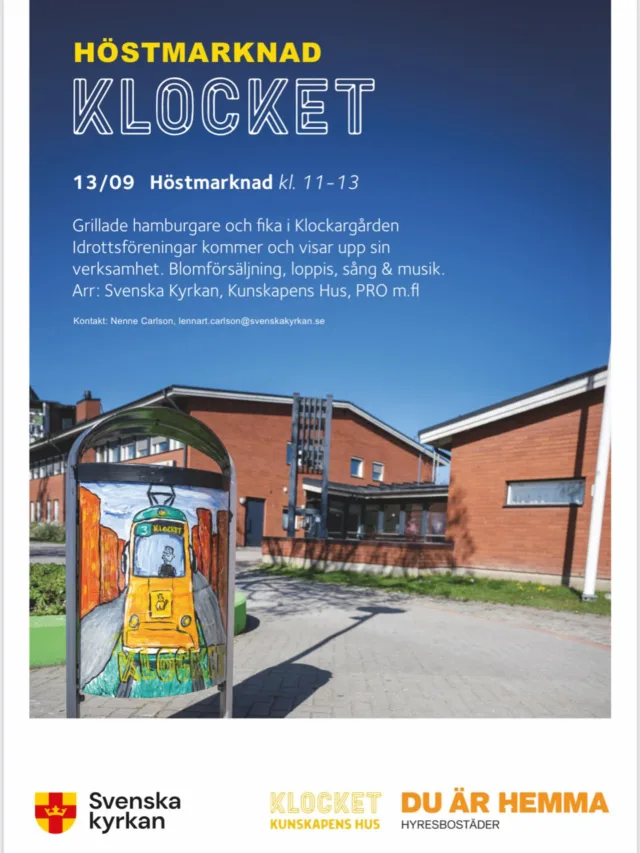 Höstmarknad på lördag den 13/9 klockan 11-13. Grillade hamburgare och fika. Idrottsföreningar kommer och visar upp sin verksamhet. Försäljning av 🌸 blommor, loppis, musikquiz mm. Kom och ha en trevlig dag tillsammans med oss 💕💫🎶