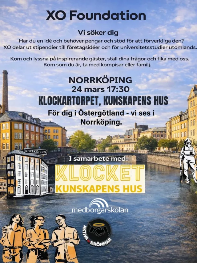 🚀 @xo_foundation är tillbaka i Norrköping!

För tredje året i rad samlas drivna personer med idéer, visioner och modet att satsa.

✨ Har du en idé? Vill du ha stöd och finansiering?
XO delar ut stipendier till dig som:
✔️ Vill förverkliga din företagsidé
✔️ Drömmer om att studera utomlands
✔️ Behöver hjälp för nästa steg

📍 Klockartorpets Kunskapens Hus, Norrköping
🗓 24 mars | 17:30

💡 Lyssna på inspirerande gäster
❓ Ställ frågor direkt till XO-teamet
☕ Fika & nätverka med likasinnade

💥 Ingen förbokning – kom som du är!
⏳ Sista ansökningsdag: 20 april

Möjligheter väntar inte – de tas!