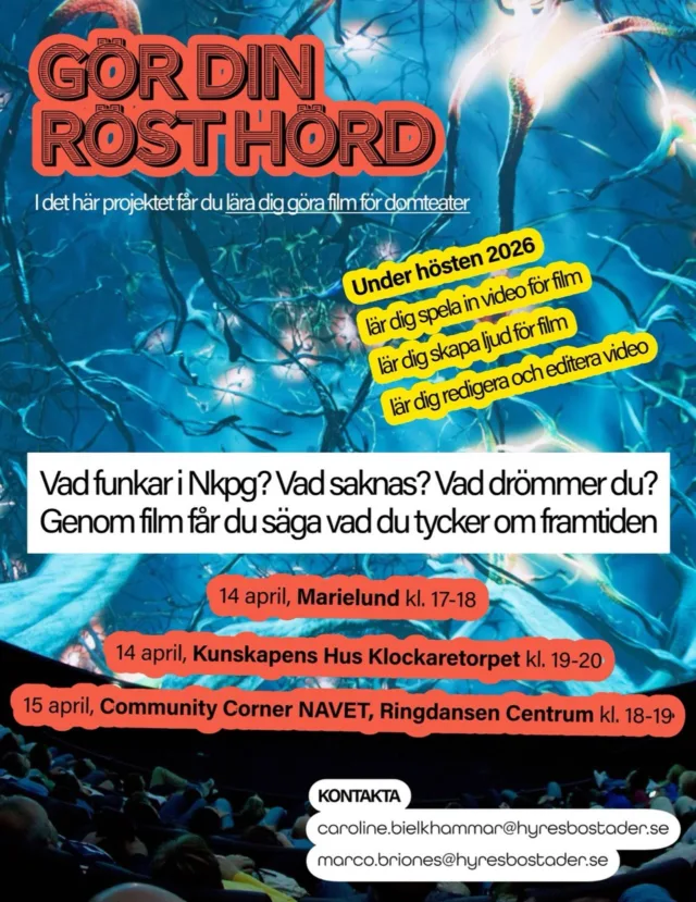 Gör din röst hörd!

Vill du testa att göra film och samtidigt påverka framtiden i Norrköping? 
Nu har du chansen 💡

Under hösten 2026 kan du:
🎥 Lära dig spela in video för film 
🎧 Skapa ljud för film 
✂️ Redigera och editera video 

Vi vill veta: 
👉 Vad funkar i Norrköping? 
👉 Vad saknas? 
👉 Vad drömmer du om? 

Genom film får du säga vad du tycker om framtiden.

📍 Kom på en träff:
• 14 april – Marielund kl. 17–18 
• 14 april – Kunskapens Hus Klockaretorpet kl. 19–20 
• 15 april – Community Corner NAVET, Ringdansen Centrum kl. 18–19 

📩 Kontakt: 
caroline.bjelkhammar@hyresbostader.se 
marco.briones@hyresbostader.se