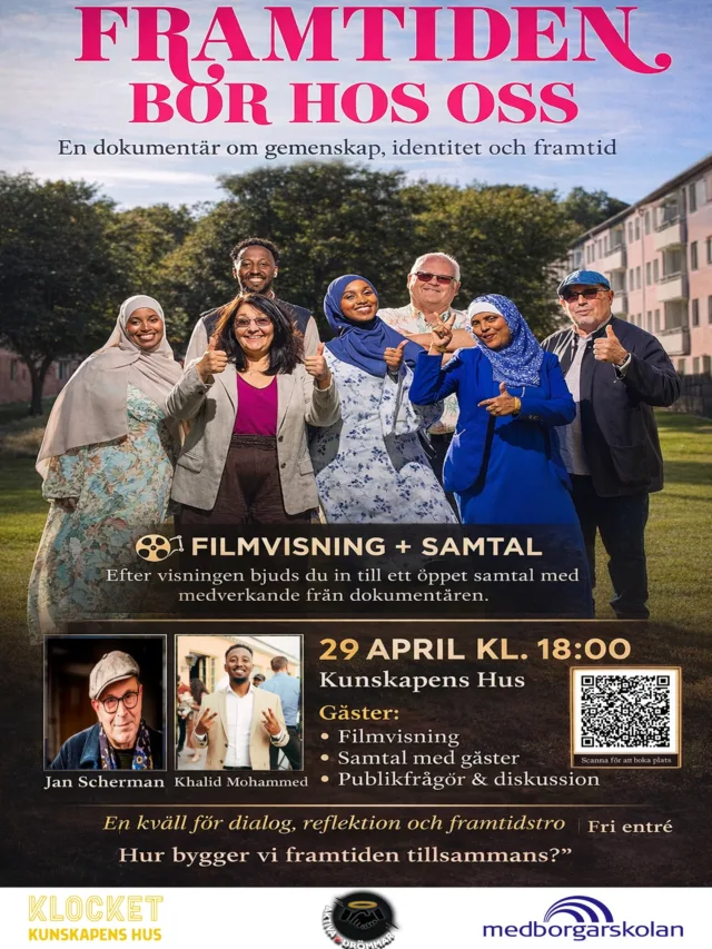 FRAMTIDEN BOR HOS OSS

Välkommen till en inspirerande kväll fylld av gemenskap, dialog och framtidstro!

🎬 Filmvisning + samtal
En dokumentär om identitet, tillhörighet och vår gemensamma framtid ,följt av ett öppet samtal med medverkande.

📅 Datum: 29 april
🕕 Tid: 18:00
📍 Plats: Kunskapens Hus
🎟️ Fri entré

👥 
• Filmvisning
• Samtal med gäster
• Publikfrågor & diskussion

✨ Medverkar:
@janscherman & @khaalidmohammed 

💬 “Hur bygger vi framtiden tillsammans?”

🔗 Boka din plats via länken i bio

Ta med en vän och var en del av samtalet!