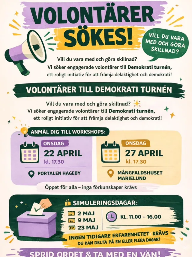 🎉 VOLONTÄRER SÖKES – DEMOKRATI TURNÉN 

Vill du vara med och göra skillnad? 🙌
Nu söker vi engagerade volontärer till vår simulering av valröstning – ett viktigt initiativ för delaktighet och demokrati 🗳️

📅 Workshops:
22/4 – Portalen Hageby
27/4 – Mångfaldshuset Marielund
⏰ Kl. 17.30

🗳️ Simuleringsdagar:
2 maj
9 maj
23 maj
⏰ Kl. 11–16

✨ Öppet för alla – inga förkunskaper krävs
✨ Du kan delta en eller flera dagar
Tagga någon som borde vara med 👇
📣 Sprid ordet!