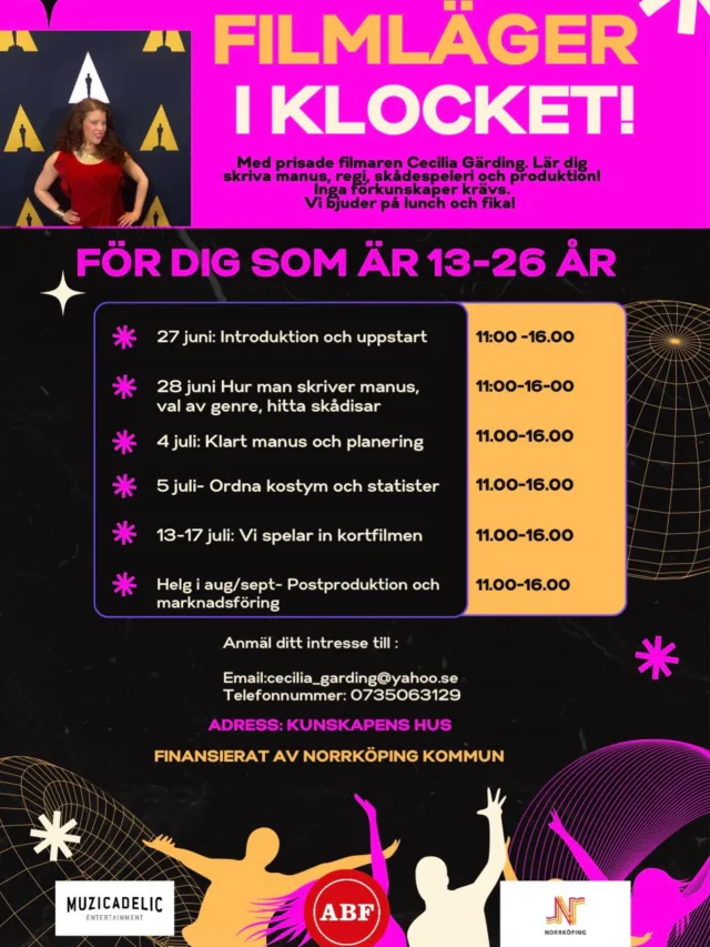 🎬 FILMLÄGER I KLOCKET! 🎥✨

Är du mellan 13–26 år och drömmer om att göra film? Nu har du chansen att lära dig manus, regi, skådespeleri och produktion tillsammans med prisade filmaren Cecilia Gärding!

🍿 Ingen tidigare erfarenhet krävs
🥗 Lunch och fika ingår
📍 Plats: Kunskapens Hus, Norrköping

📅 Schema

📌 27 juni – Introduktion och uppstart
📌 28 juni – Manusskrivning, genreval och casting
📌 4 juli – Färdigt manus och planering
📌 5 juli – Kostym och statister
📌 13–17 juli – Inspelning av kortfilm
📌 Helg i aug/sept – Postproduktion och marknadsföring

🕚 Tid: 11.00–16.00

📩 Anmäl ditt intresse:
✉️ cecilia_garding@yahoo.se
📞 073-506 31 29

🎥 Skapa, samarbeta och spela in din egen kortfilm i sommar!

#Filmläger #Norrköping #Kortfilm